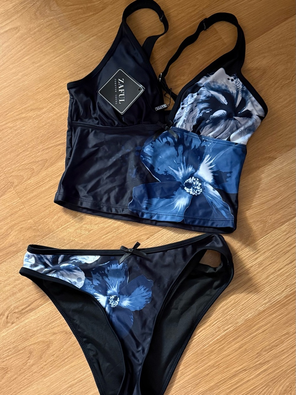 Zaful Black & Blue Floral Tankini Bikini Set